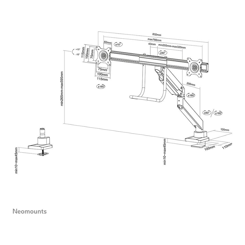 Mbajtëse për Monitor Neomounts NM-D775DXWHITE , 2 Monitorë , 10–32" , deri 8kg për monitor , sustë gazi , VESA 75x75 & 100x100 - Bardhë - 12