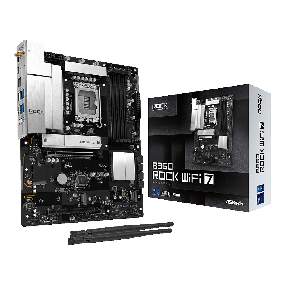 Pllakë Amë ASRock B860 Rock WiFi 7 / Intel LGA1851 / B860 / DDR5 / ATX / Wi-Fi 7 / 2.5GbE LAN - 6