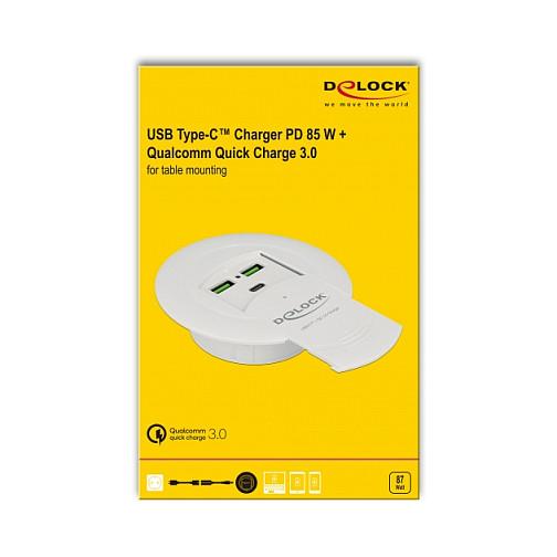 Karikues USB DeLOCK 64065, 1x USB-C PD, 2x USB-A Quick Charge 3.0, 87W, për Montim në Tavolinë – Bardhë - 4