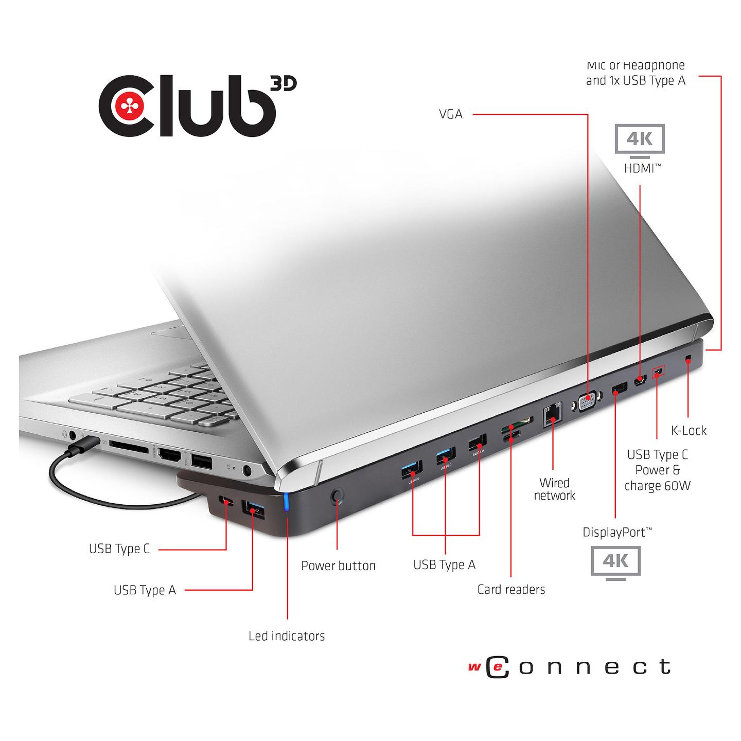Docking Station Club 3D CSV-1564W100 / HDMI + DisplayPort + VGA / 3x USB-A 5Gbps + 2x USB-A 2.0 + 1x USB-C / 1GbE / SD+microSD / Audio / 100W PD – Zezë - 4