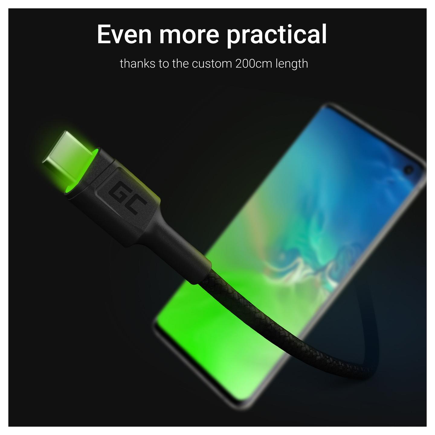 Kabllo USB Green Cell GC Ray KABGC13 / USB-A në USB-C / USB 2.0 / 18W / 2m - Zezë - 4