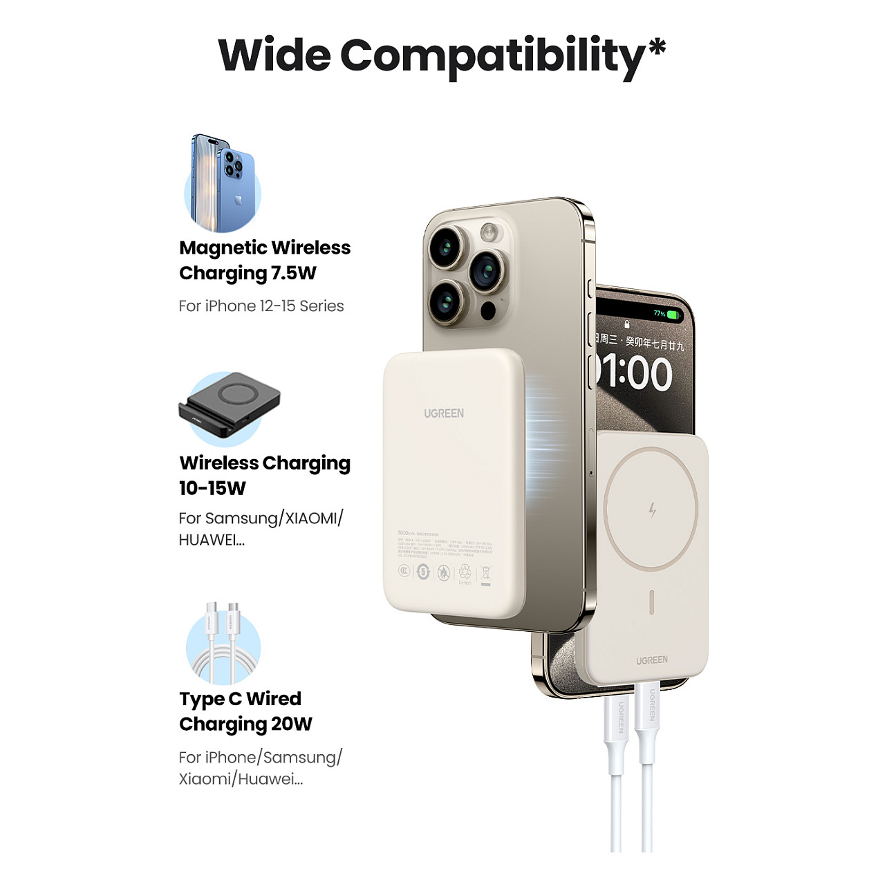 Powerbank Magnetik / 10000mAh / MagSafe / Wireless 15W / USB-C – Krem - 13