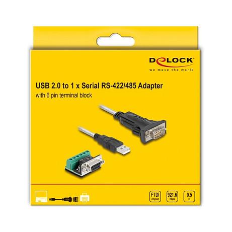 Adapter DeLOCK 64267, USB 2.0 Type-A në Serial RS-422/485, DB9, bllok terminali 6-pin, 0.5 m - Transparente/Zezë - 4