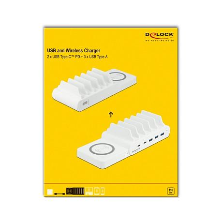Karikues USB DeLOCK 41450, 2 × USB-C PD, 3 × USB-A, karikim pa kabllo deri në 15 W, fuqi totale 110 W - Bardhë - 6