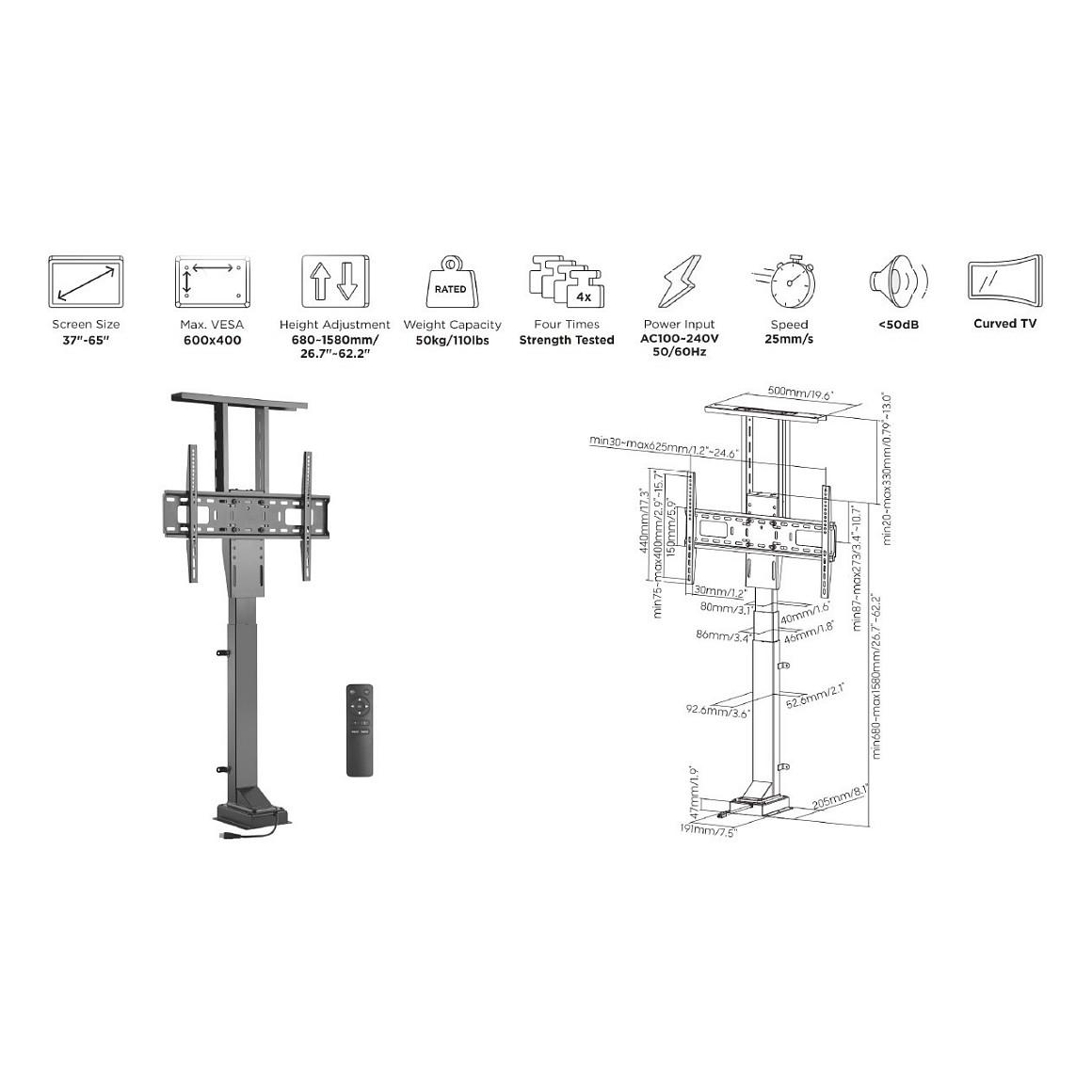 Mbajtëse për TV Equip 650606 , 37–65" , deri 50kg , për dysheme , lartësi elektrike e rregullueshme , me telekomandë , VESA 200x200–600x400 - Zezë - 15