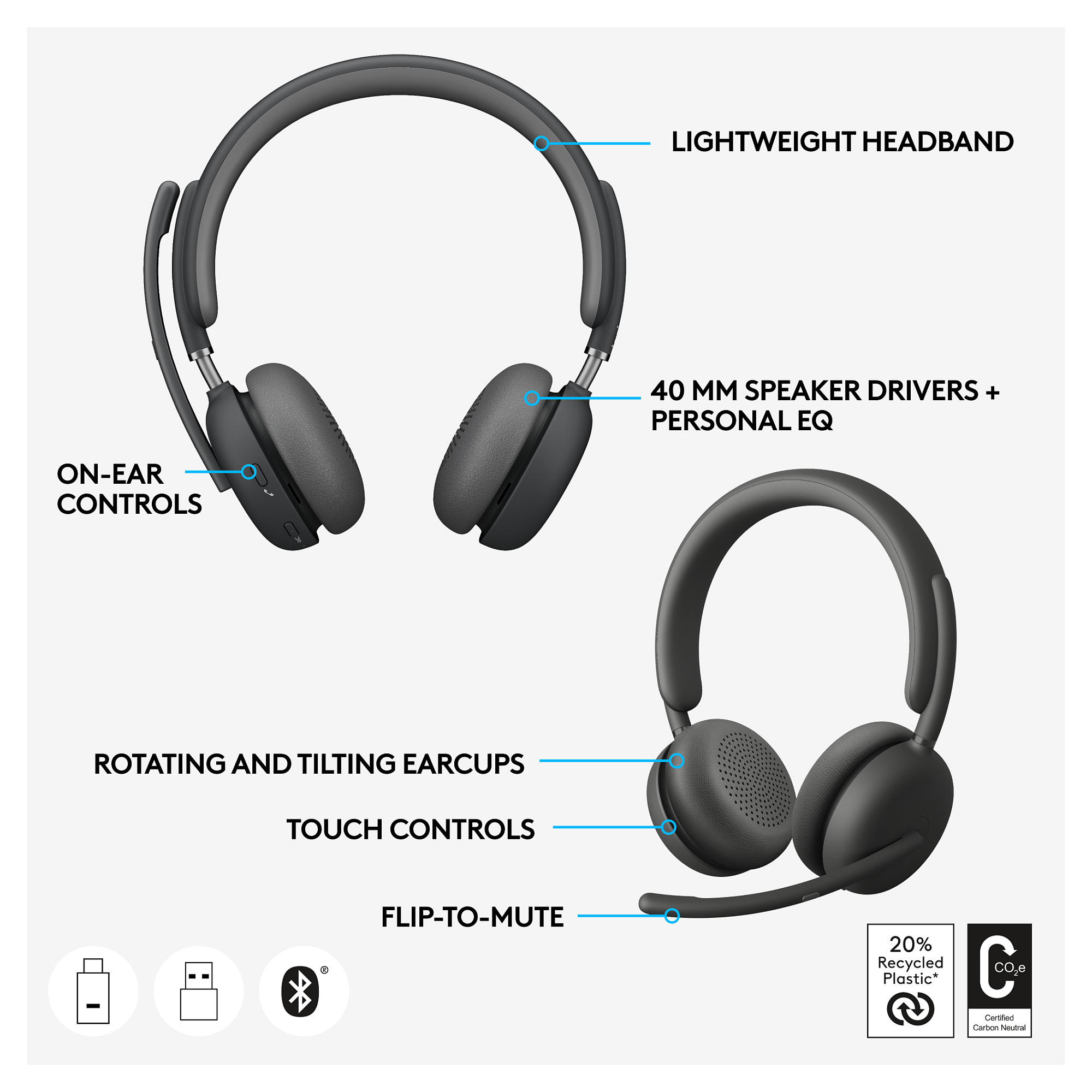 Kufje pa kabllo Logitech Zone Wireless 2 / Bluetooth 5.2 / ANC - Grafit - 11