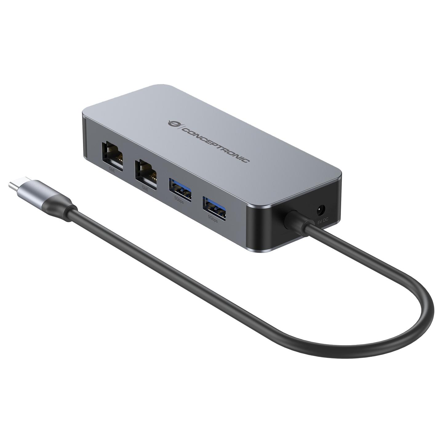 Adapter Conceptronic ABBY24G, USB-C, 2x RJ45 Gigabit, 2x USB-A 3.2 Gen 1, 5Gbps - Hiri - 2