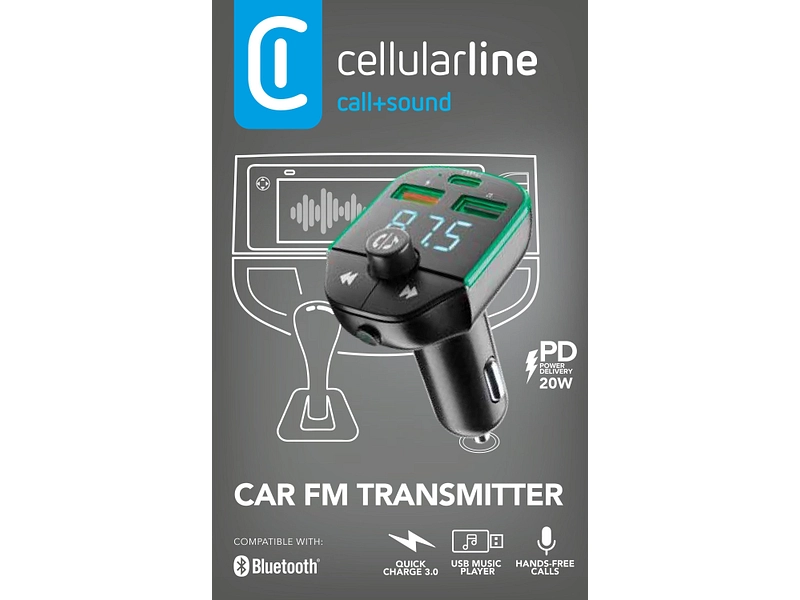 Adapter telefoni për veturë Cellularline / FM / Bluetooth / USB-C 20W / USB-A / RGB - Zezë - 2