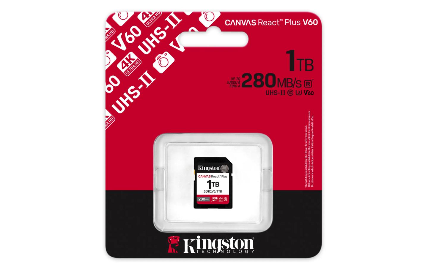 Kartë Memorie SD Kingston Canvas React Plus V60 , 1TB , SDXC , UHS-II , U3 , V60 , 280MB/s Lexim , 150MB/s Shkrim - Zezë - 3