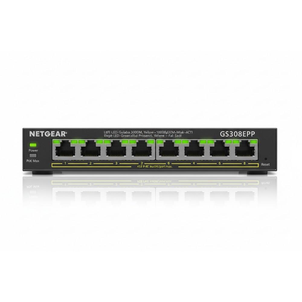 NETGEAR GS308EP Smart Managed Plus Switch – 8× Gigabit RJ45, 8× PoE+, 62W