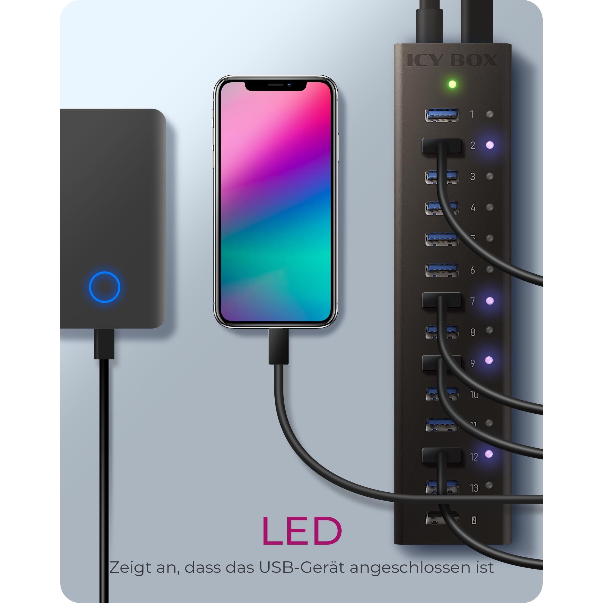 HUB ICY BOX USB 3.0 / 13 Ports + 1x Charging Port / with Power Supply / Aluminium - Zezë - Figura 2