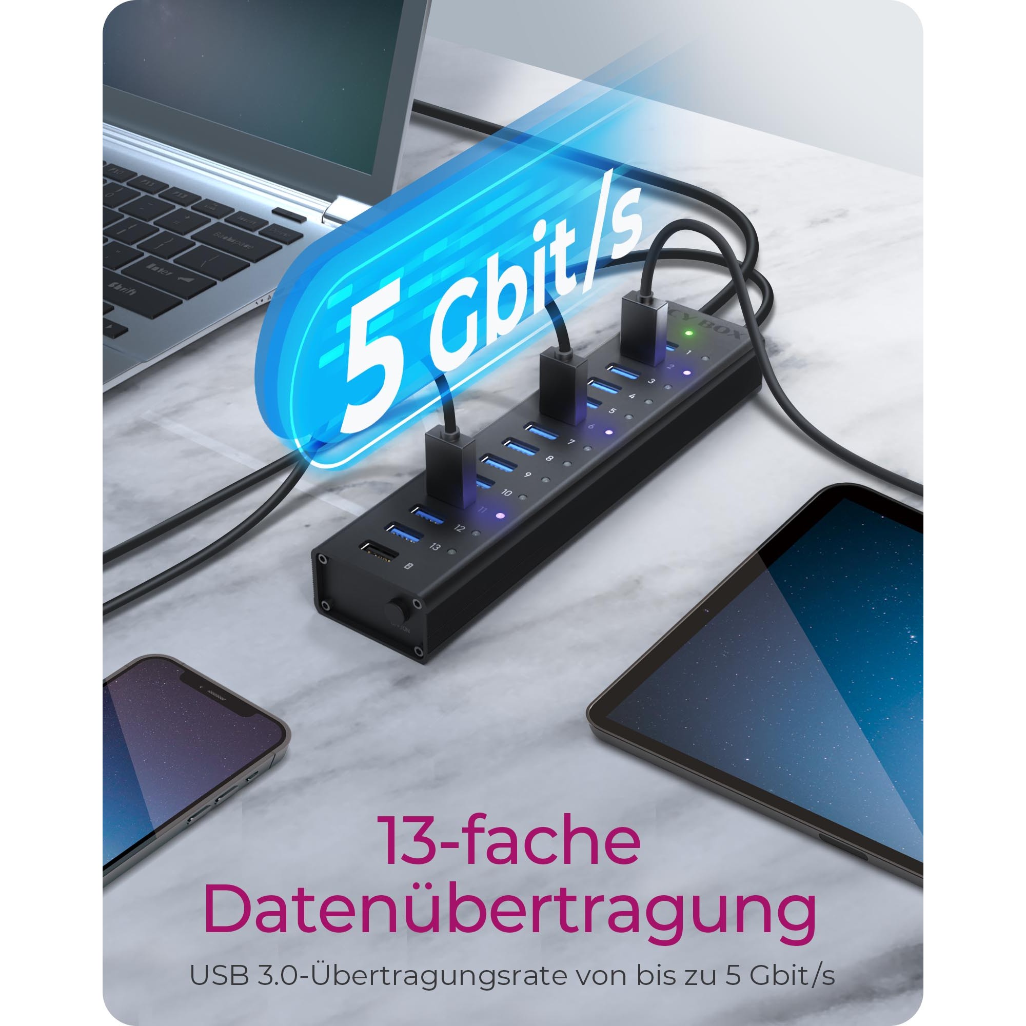 HUB ICY BOX USB 3.0 / 13 Ports + 1x Charging Port / with Power Supply / Aluminium - Zezë - Figura 3