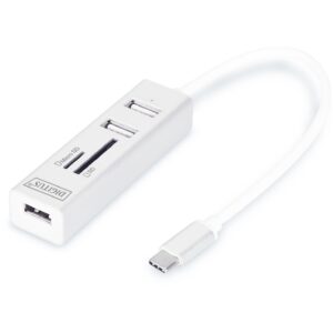 HUB USB‑C DIGITUS / 3‑Port USB 2.0 (3x A2.0) + Card Reader / Kabllo e integruar - Bardhë