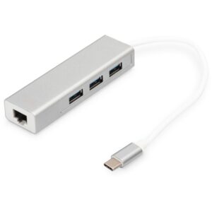 Adapter USB 3.0/C DIGITUS → Gigabit Ethernet + 3‑Port HUB - Bardhë