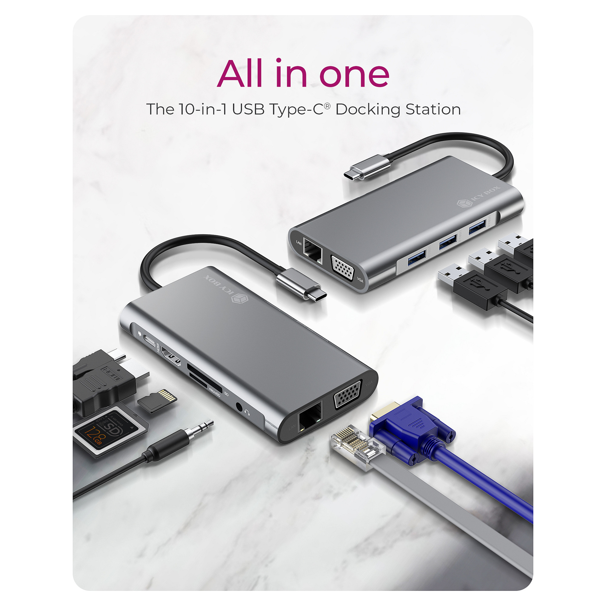 Docking Station ICY BOX IB‑DK4040‑CPD / 10‑in‑1 / PD 100W / 3xUSB-A / 1xUSB-C / 1xHDMI / 1xVGA – Zezë - Figura 2