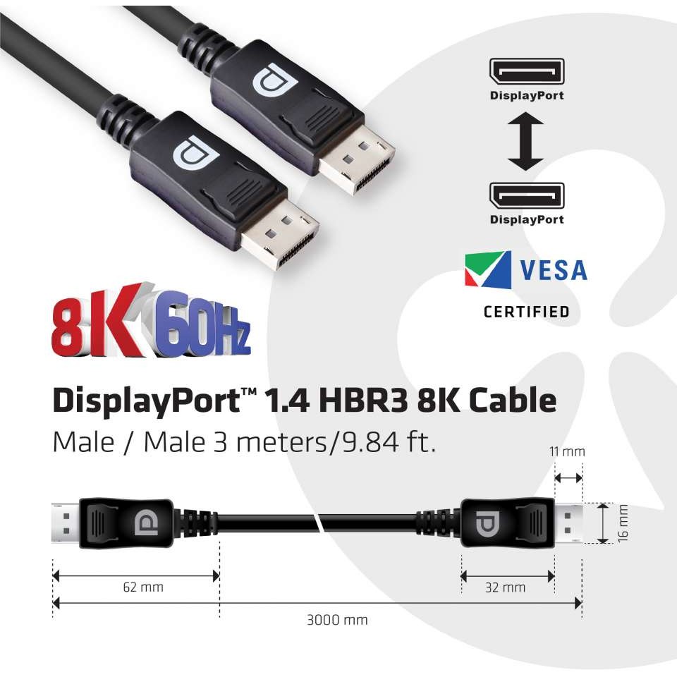 Kabllo DisplayPort Club3D / 1.4 HBR3 / 32.4Gb/s / 3m / 8K60Hz / ST - ST - Figura 3