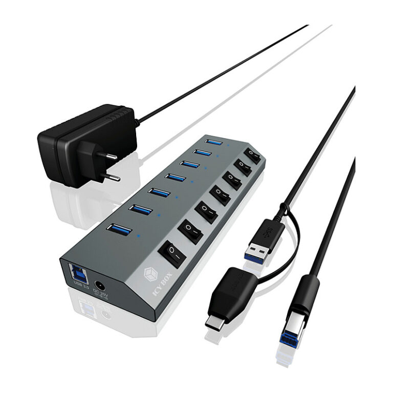 HUB ICY BOX USB 3.0 / 7×Ports / Individual Switch / Active / PSU - Gri