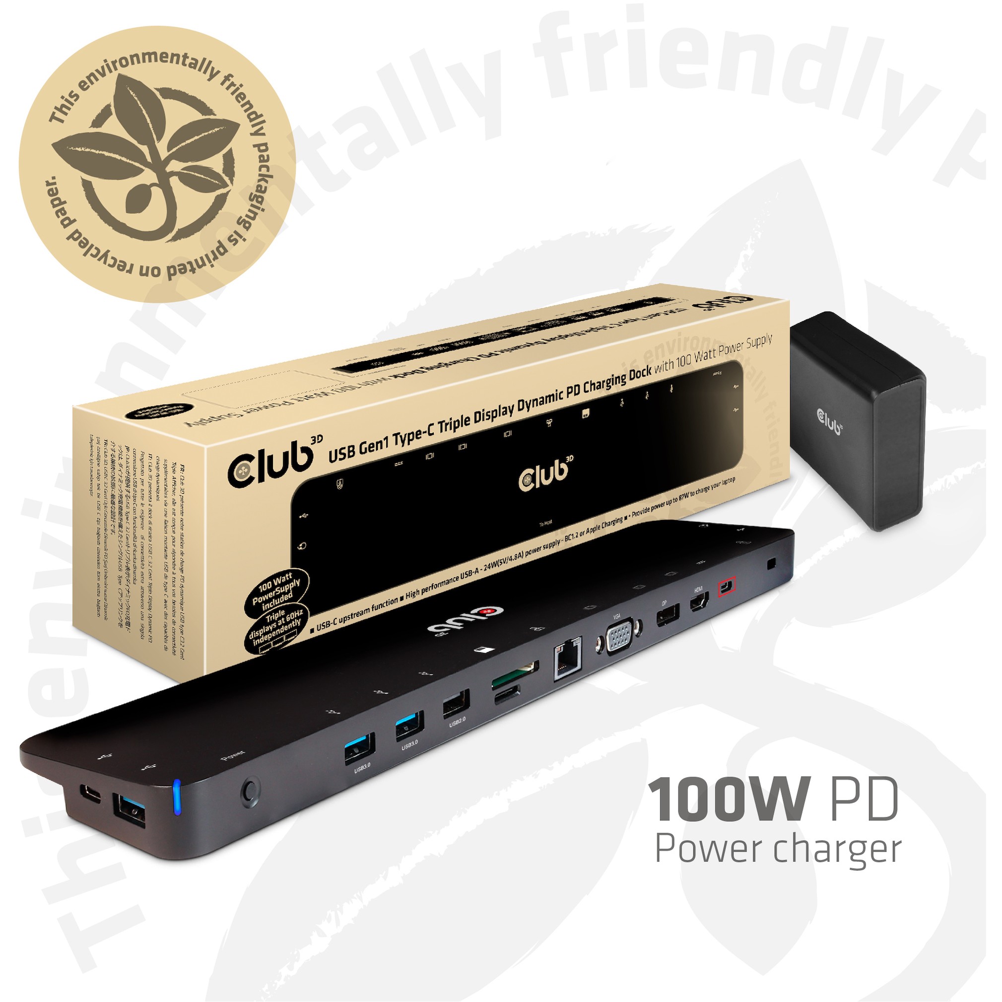 Docking Station Club3D ChargingDock USB-C 3.2 në 7xUSB/DP/HDMI/LAN/Audio 100W - Zezë