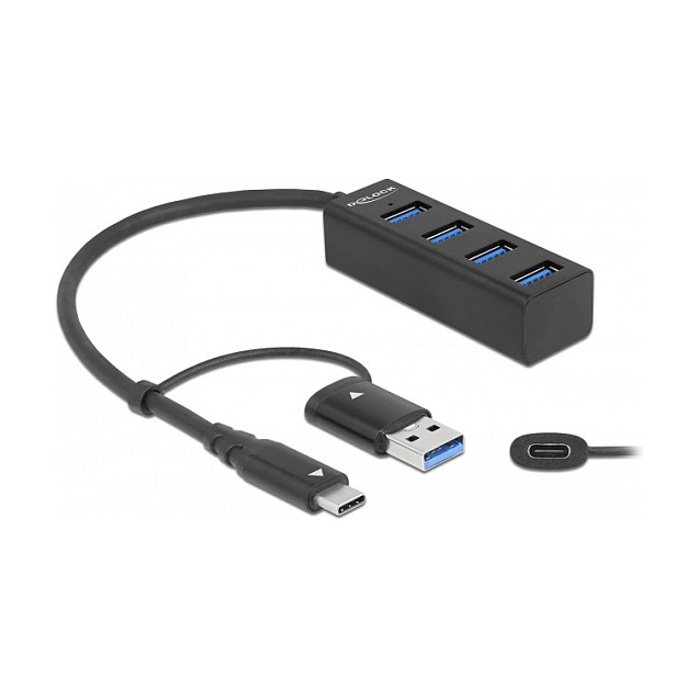 Hub USB DELOCK 4-Port USB 3.2 Gen 1 me lidhje USB-C ose USB-A - Zezë