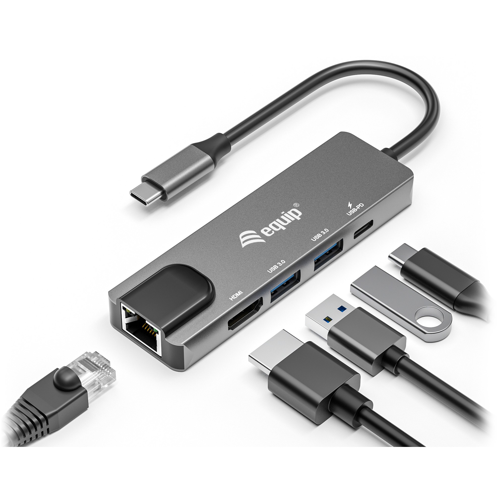 Docking Station Equip USB-C në HDMI / 2xUSB 3.0 / Gigabit Ethernet / 100W Power Delivery (Kabllor 25cm) - E Zezë - Figura 3