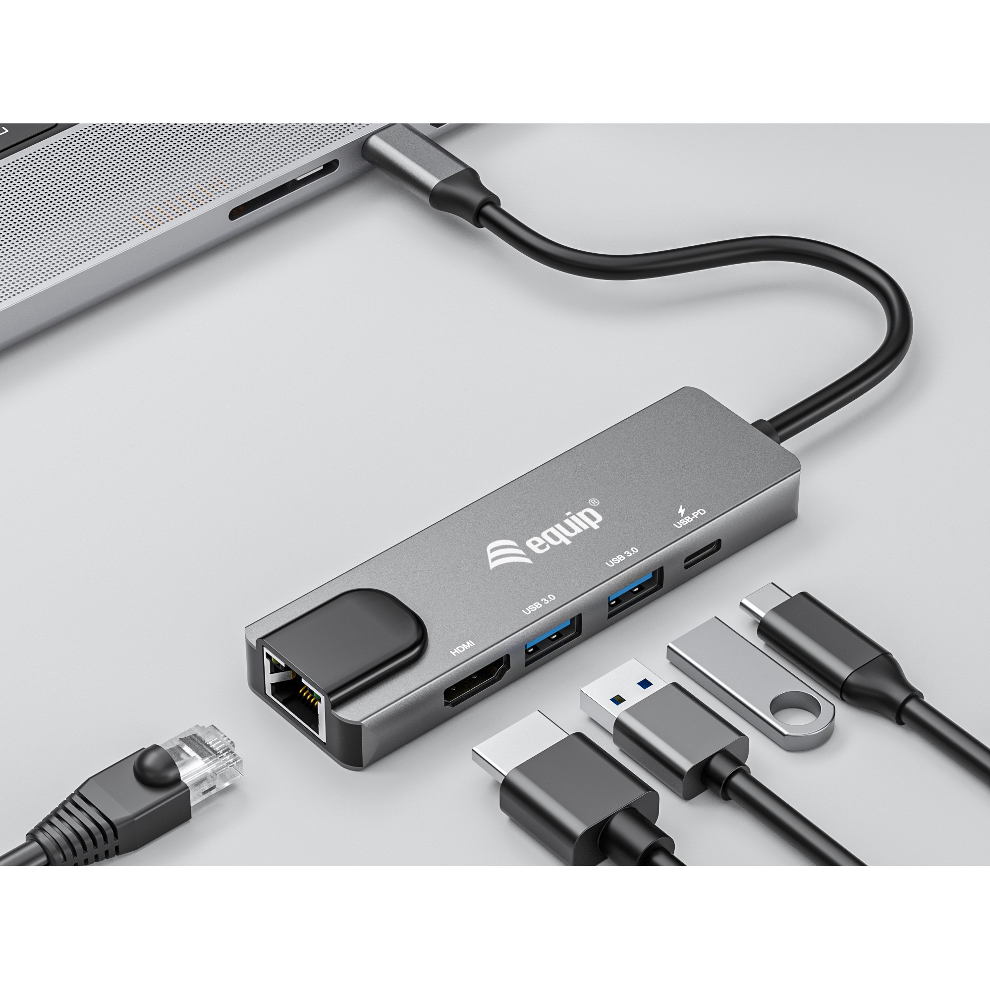 Docking Station Equip USB-C në HDMI / 2xUSB 3.0 / Gigabit Ethernet / 100W Power Delivery (Kabllor 25cm) - E Zezë - Figura 4