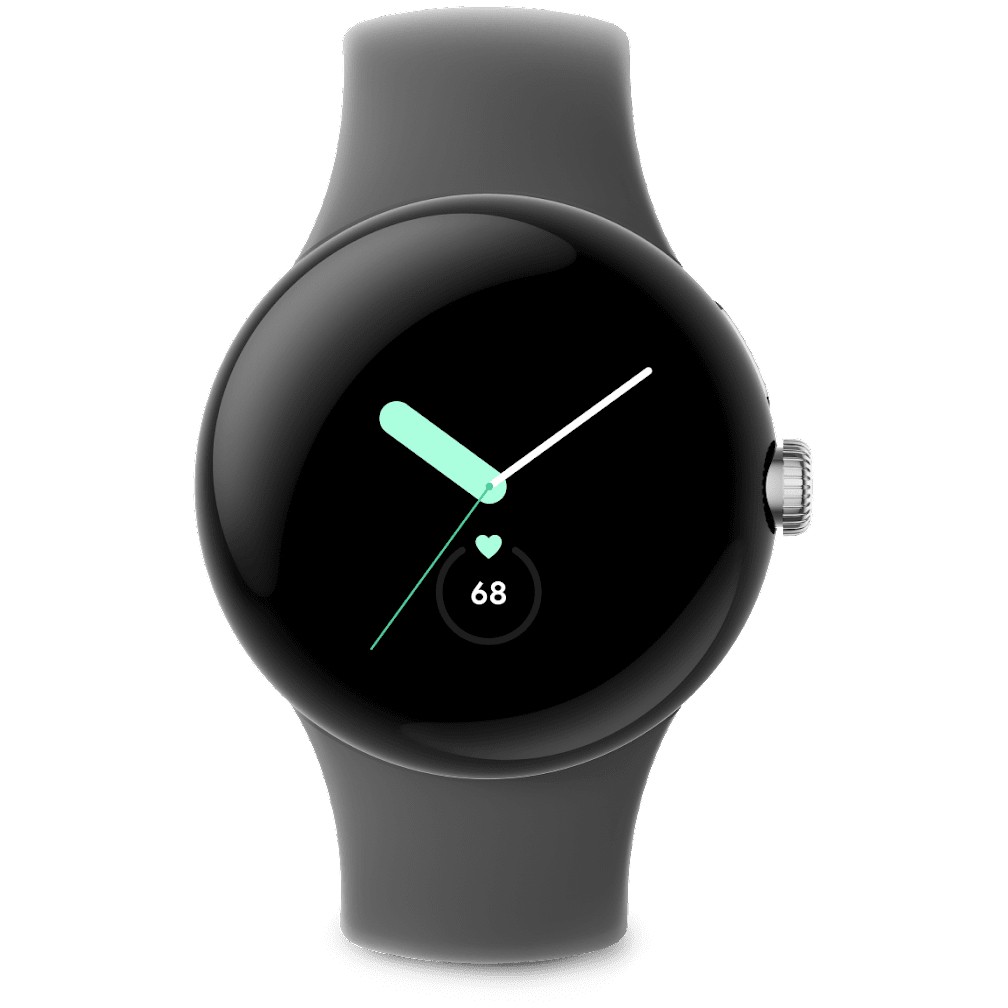 Orë e mençur Google Pixel Watch- polished silver stainless steel 41mm charcoal active band