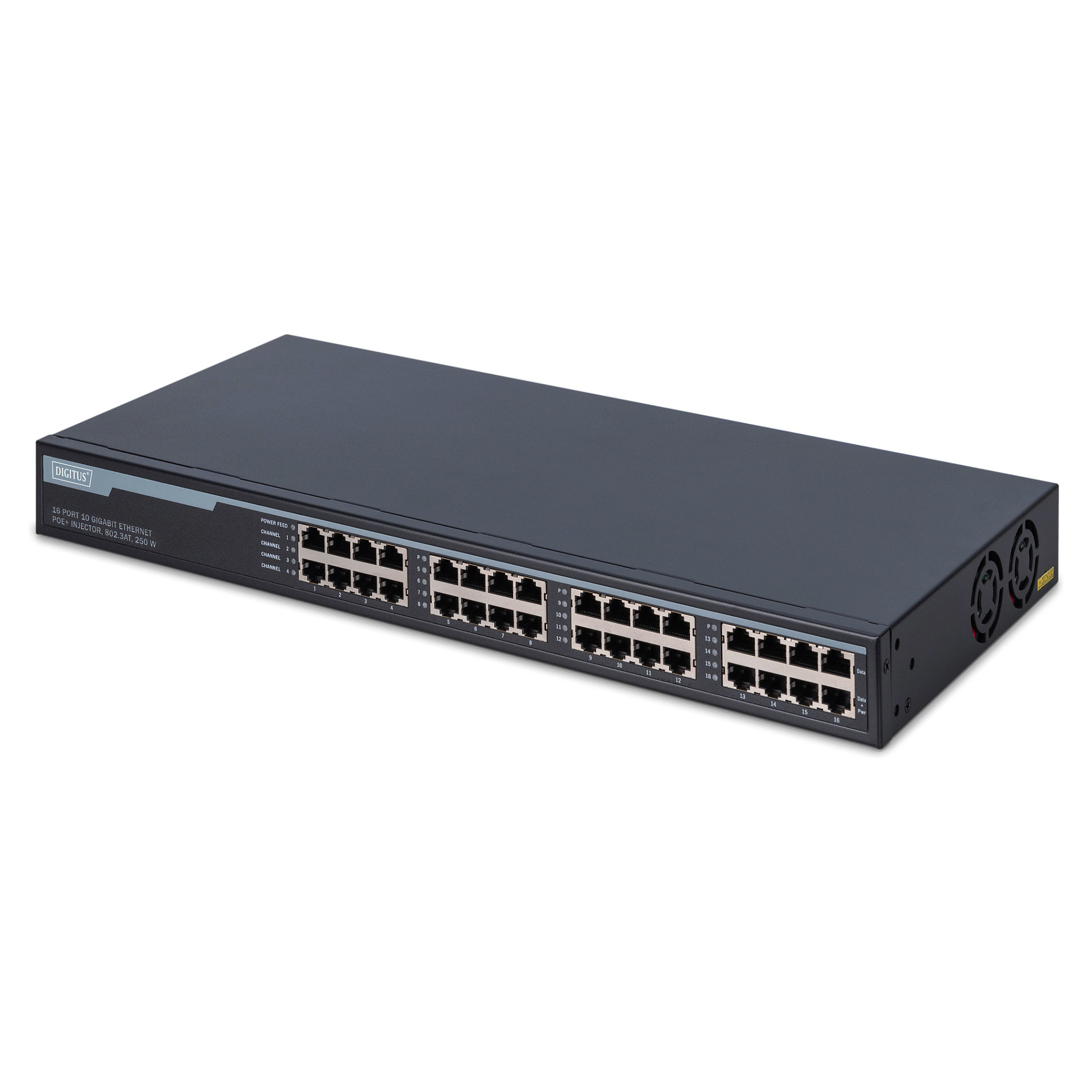 DIGITUS DN-95116 16-Port 10G Ethernet PoE+ Injector Hub | 250W | IEEE 802.3af/at | Rackmount 1U