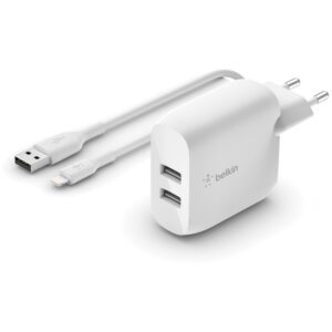 Aksesorë për telefon Belkin Dual USB-A Ladegerät incl. Lightning Kabel 1m 24W të bardhë