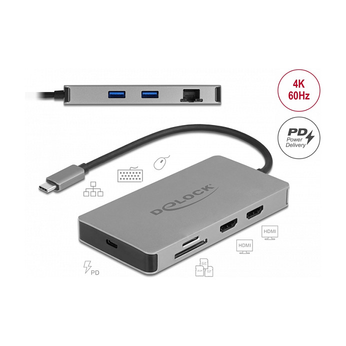Docking Station DeLOCK / 4K / Dual / 2xHDMI / 2xUSB-A / 2xDisplayPort / SD / LAN - Gri - Figura 3