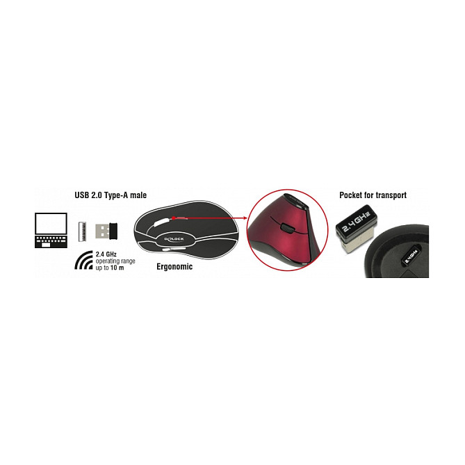 Maus pa kabllo DeLOCK Vertical Optical Mouse / 2.4 GHz / 5 Buttons - Kuqe / Zezë - Figura 4