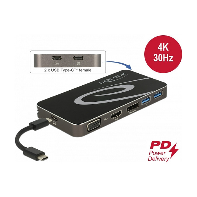 Docking Station DeLOCK / 4K / 1xHDMI / 1xDisplayPort / 1xVGA / 2xUSB-A / 1xUSB-C - Zezë - Figura 2