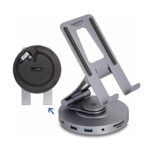 Docking Station + Mbajtëse për Tablet/Notebook / 4K / 1xHDMI / 3xUSB-C / 2xUSB-A / SD + Micro SD / 360° Rotatable - Argjend