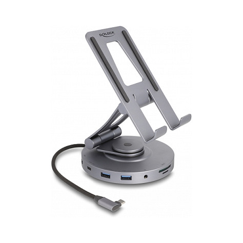 Docking Station + Mbajtëse për Tablet/Notebook / 4K / 1xHDMI / 3xUSB-C / 2xUSB-A / SD + Micro SD / 360° Rotatable - Argjend - Figura 4