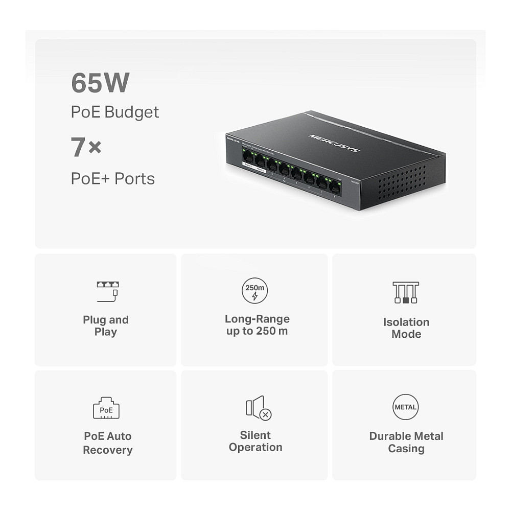 Switch Mercusys MS108GP / Managed / 8‑Port Gigabit / 7×PoE+ / 123W - Figura 4