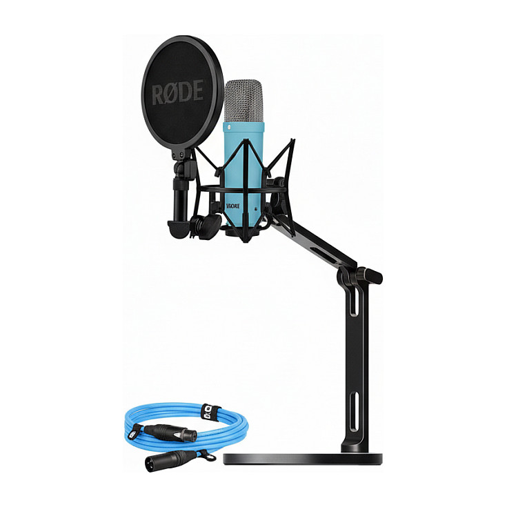 Mikrofon Rode NT1 Signature + XLR‑Kabllo + Mbajtës tavoline per mikrofon – Blu