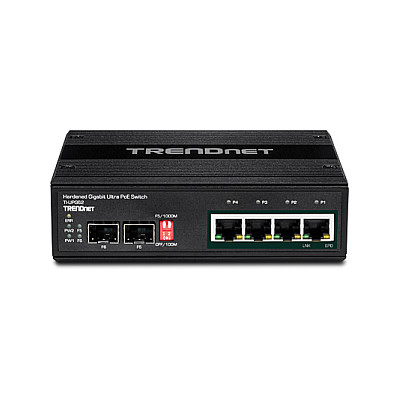 TRENDnet TI-UPG62 6-Port Gigabit Ultra PoE Industrial Switch 240W 4x Ultra PoE 2x SFP DIN-Rail Managed IP30 -40°C to 75°C 4
