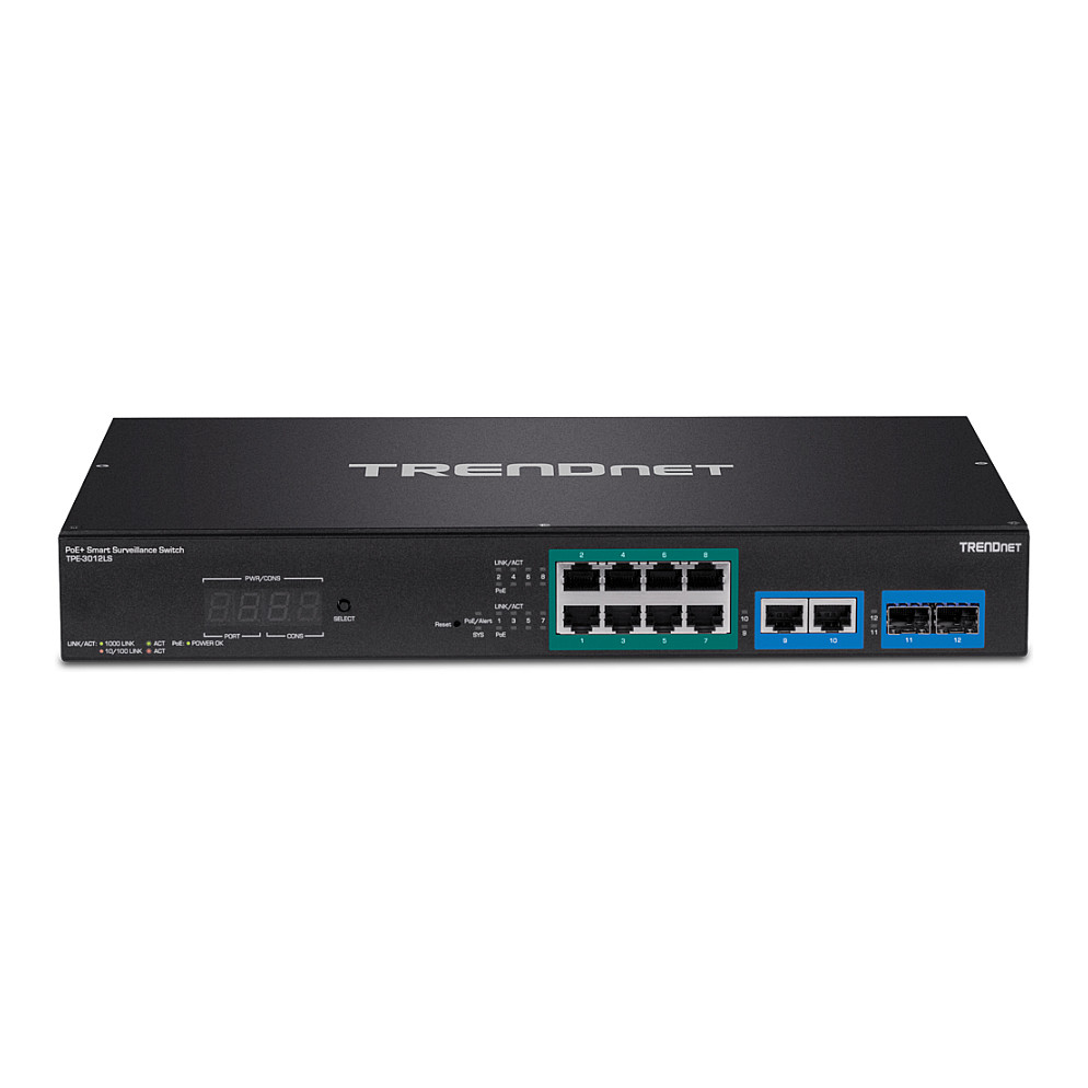 TRENDnet TPE-3012LS 12-Port Gigabit PoE+ Smart Surveillance Switch 110W 2x SFP Web Managed Rackmount 2