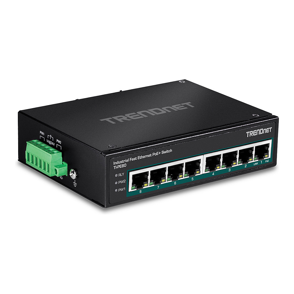 TRENDnet TI-PE80 8-Port Fast Ethernet PoE+ Industrial Switch 200W DIN-Rail Unmanaged 2