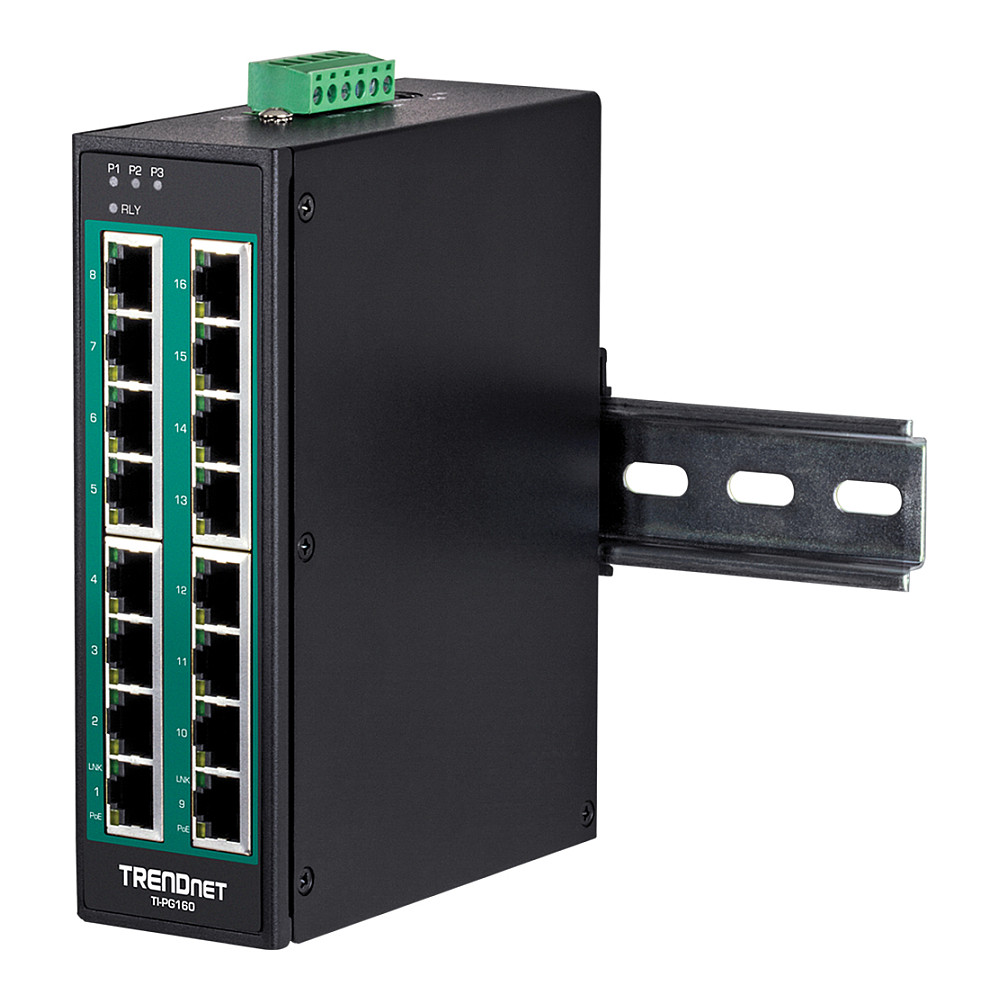 TRENDnet TI-PG160 16-Port Gigabit PoE+ Industrial Switch 240W DIN-Rail L2+ Unmanaged Rugged 5