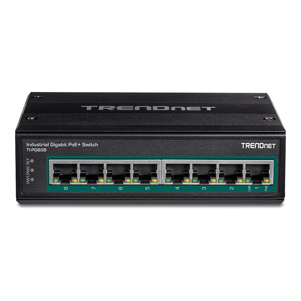 TRENDnet TI-PG80B 8-Port Gigabit PoE+ Industrial Managed Switch 200W DIN-Rail 24–56V Dual Power IP50 2