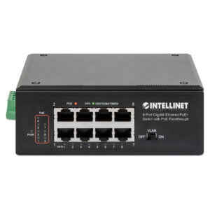 Intellinet 8-Port Gigabit PoE+ Switch DIN Rail 120W PoE Passthrough 95W Input Unmanaged 8
