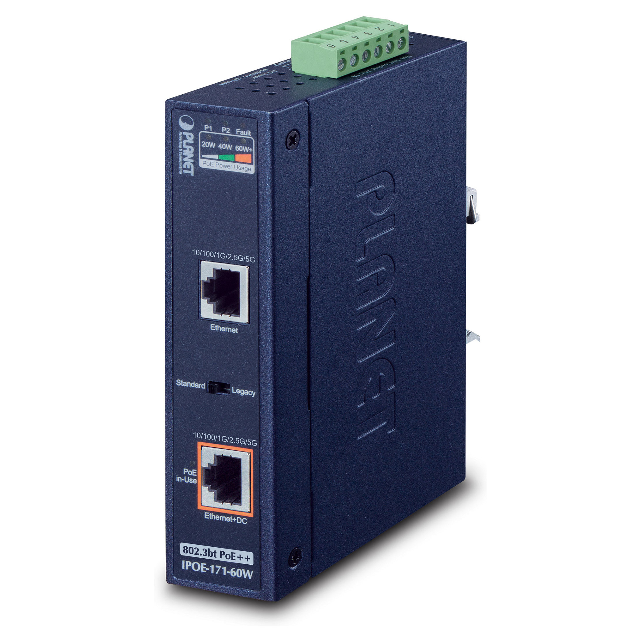 PoE Injector PLANET IPOE‑171‑60W / Industrial / 1‑Port Multi‑Gig / IEEE 802.3bt / IP30