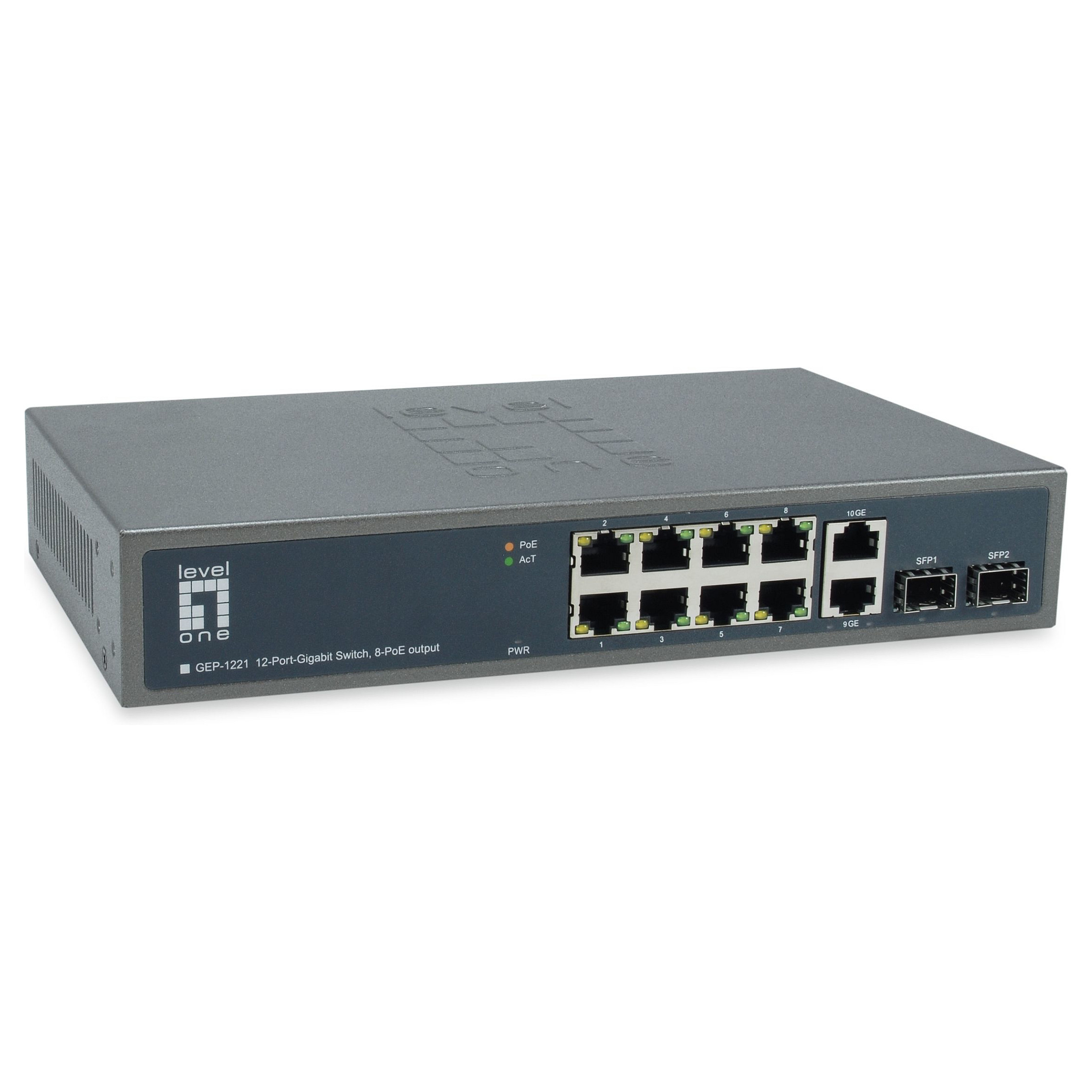 LevelOne GEP-1221 12-Port Gigabit PoE Switch, 8-Port PoE+, 150W Budget, 2x SFP + 2x Uplink, Unmanaged