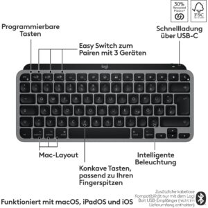 Tastierë Pa kabllo Logitech Master Series MX Keys Mini Space /  USB-C / Gri