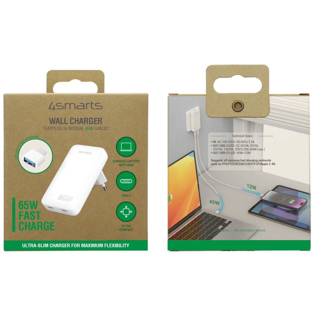 Karikues 4smarts / FlatPlug Slim Dual Charger / 65W / GaN / 2C- Bardhë - Figura 2