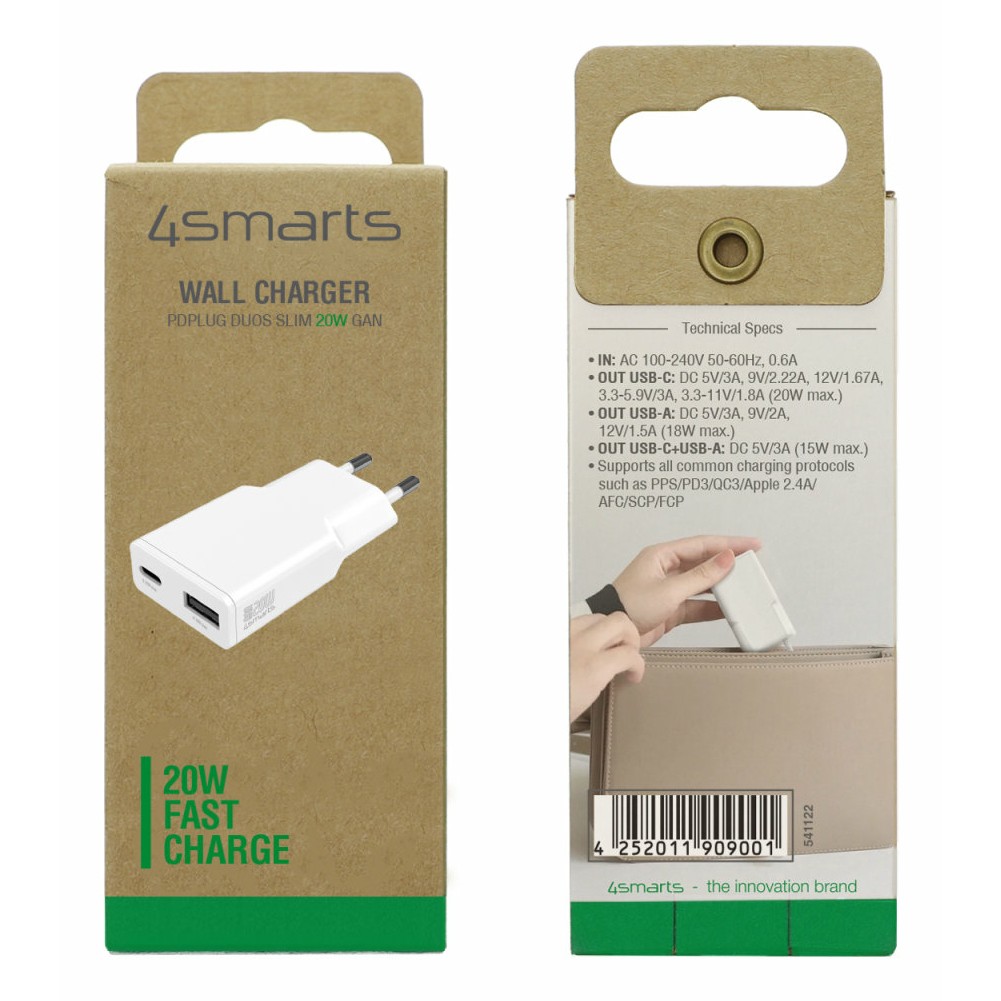 Karikues 4smarts / PDPlug Duos Slim Charger / 20W / GaN / USB-C + USB-A - Bardhë - Figura 5