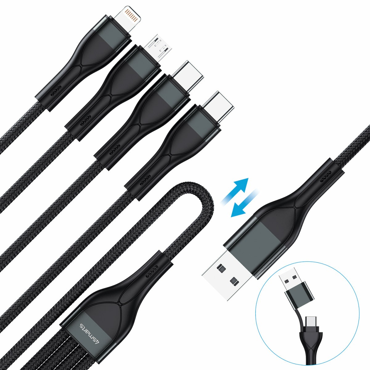Aksesorë për telefon 4smarts / Multi-Charging Cable / 4-in-2 / USB-C & USB-A / 1.2m - Zezë - Figura 3