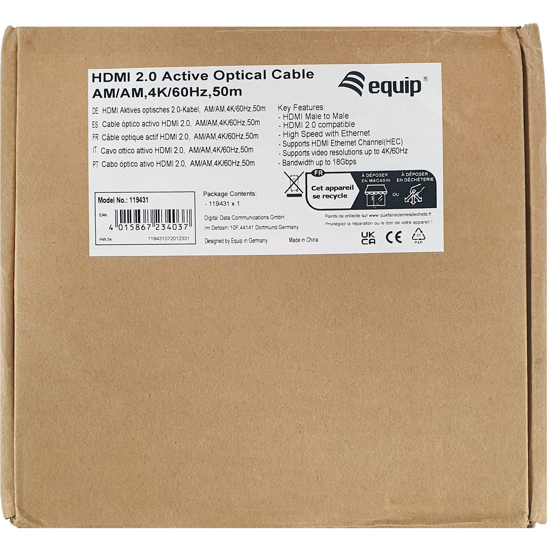 Kabllo HDMI Equip 2.0 A-A (St/St) 100.0m / 4K/60Hz / HDR / me Ethernet / Optike – Zezë - Figura 4