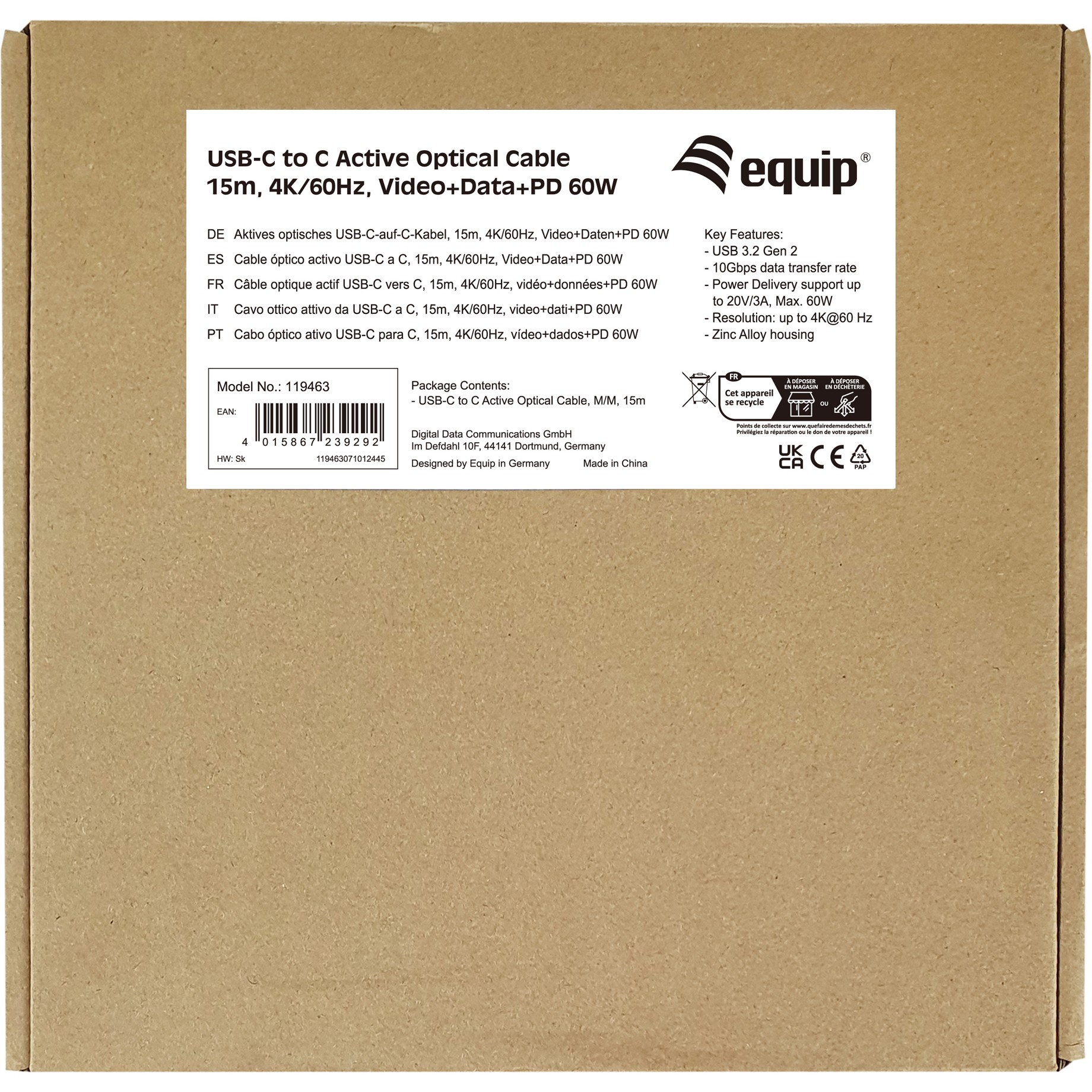 Kabllo USB Equip USB-C 3.2 në USB-C (St/St) / 15.00m / 3A / 4K@60Hz – Zezë - Figura 4