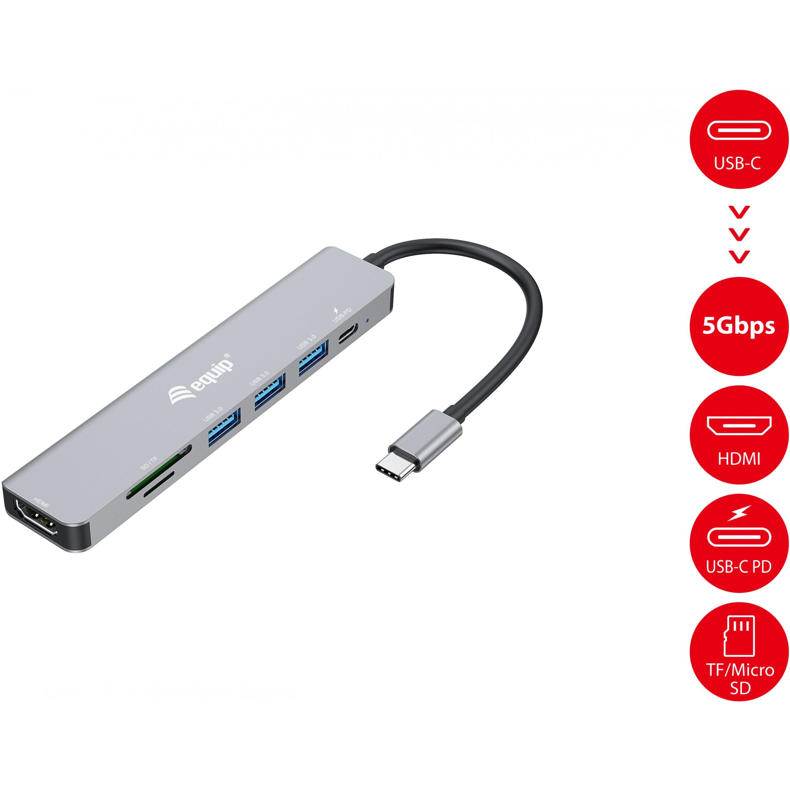 Docking Station Equip USB-C / HDMI / 3x USB 3.0 / SD & TF / 100W PD / Kabllo 25cm - Hiri - Figura 5